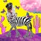 Contemporary digital funky minimal collage poster. Party funny zebra Girl in fantasy space. Back in 90s. Pop art zine fashion