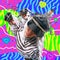 Contemporary digital funky minimal collage poster. Stylish zebra Girl in animal print space. Back in 90s. Pop art zine fashion