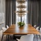 A contemporary dining area with a sculptural chandelier, a large wooden table, and modern dining chairs2, Generative AI