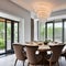 A contemporary dining area with a sculptural chandelier, a large wooden table, and modern dining chairs4, Generative AI