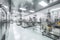 Contemporary drug production workshop interior. Spacy bright sterile room, facility with modern industrial machinery