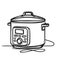A contemporary electric pressure cooker is depicted in a line drawing against a white backdrop.