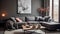 Contemporary European style sitting room with grey fabric corner sofa an industrial style coffee table Generative AI