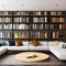 A contemporary floating bookshelf wall with an artistic arrangement of books and decor1