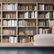 A contemporary floating bookshelf wall with an artistic arrangement of books and decor2