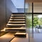 A contemporary floating staircase with LED-lit steps and glass balustrades1, Generative AI