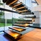 A contemporary floating staircase with LED-lit steps and glass balustrades3, Generative AI