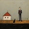 Contemporary Folk Art Painting: Man, Cane, And Cat In Moonlight