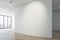 Contemporary gallery interior with mock up place on white concrete wall, wooden flooring and window with city view. Museum or