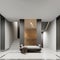 Contemporary hall corridor with a designer daybed against a matte brass wall with stairs to the lower and upper floors