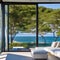 A contemporary home with floor-to-ceiling windows, a cantilevered deck, and ocean views3, Generative AI