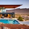 A contemporary home with a metal roof, a pool, and a view of a rocky desert landscape2, Generative AI