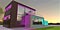 Contemporary illuminated cottage an hour before sunrise. Combination of purple and turquoise. Amazing starry night sky. 3d