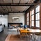 A contemporary, industrial loft with exposed brick walls, concrete floors, and open ductwork5, Generative AI