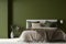 A contemporary interior design showcases a trendy monochrome olive green color scheme in a modern bedroom. The empty wall