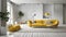 Contemporary Interior featuring a Yellow Sofa in the Living Space with a Sleek White Bathtub