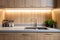 Contemporary kitchen interior in apartment living space with sink. Modern kitchen interior design. Minimalistic home decor.