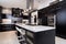 contemporary kitchen, with sleek black appliances and white countertops, dressed in a japanese style