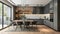 Contemporary kitchen with sleek dark cabinets, wood accents and a cozy dining area in monochrome grays. Interior design