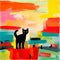 Contemporary Landscape Painting With Black Cat On Colorful Background