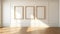 Contemporary Landscapes: Three Empty Frames On White Wood Floor