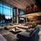 Contemporary large and luxurious interiors of a modern living room with open concept floor plan. Shows dining room, second floor