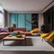 A contemporary living room with modular furniture and pops of bold colors2