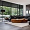 A contemporary living room with a sleek leather sofa, a glass coffee table, and a minimalist color palette of black, white, and