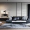 A contemporary living room with a sleek leather sofa, a glass coffee table, and a minimalist color palette of black, white, and