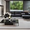 A contemporary living room with a sleek leather sofa, a glass coffee table, and a minimalist color palette of black, white, and