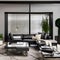 A contemporary living room with a sleek leather sofa, a glass coffee table, and a minimalist color palette of black, white, and
