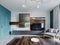 Contemporary living room studio, aquamarine walls with wooden panels and a round mirror, a white corner sofa and a black cabinet