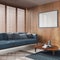 Contemporary living room with wooden walls and frame mockup in blue tones. Fabric sofa with pillows, carpets and decors.