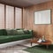 Contemporary living room with wooden walls and frame mockup in green tones. Fabric sofa with pillows, carpets and decors.
