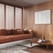 Contemporary living room with wooden walls and frame mockup in orange tones. Fabric sofa with pillows, carpets and decors.