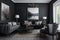 The contemporary living space boasts sleek black walls and furnishings, creating a striking and sophisticated ambiance.