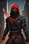 Contemporary Marvel-Inspired Ninja, A Black and Red Hooded Vigilante wielding a Ninja Sword