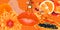 Contemporary minimal  collage banner art. Lips in orange tropical abstraction. Cosmetics, lipstick  concept