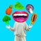 Contemporary minimal pop surrealism collage. Funny Lips character and fresh Healthy food. Go Vegan concept