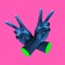 Contemporary minimalistic artwork in neon bold colors with hands showing victory sign. Surrealism creative wallpaper