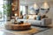 Contemporary modern living room cozy interior with real wood hardware edge slab coffee table