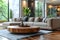 Contemporary modern living room cozy interior with real wood hardware edge slab coffee table