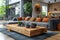 Contemporary modern living room cozy interior with real wood hardware edge slab coffee table