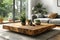 Contemporary modern living room cozy interior with real wood hardware edge slab coffee table