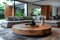 Contemporary modern living room cozy interior with real wood hardware edge slab coffee table