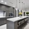 A contemporary, monochromatic kitchen with sleek stainless steel appliances and a marble waterfall island1, Generative AI