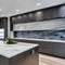 A contemporary, monochromatic kitchen with sleek stainless steel appliances and a marble waterfall island5, Generative AI