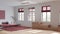 Contemporary nordic wooden living room in white and red tones. Velvet sofa with pillows and carpet, cabinets, modern staircase.