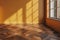 Contemporary orange wall mockup room with elegant brown parquet floor for versatile design concepts