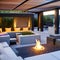 A contemporary outdoor lounge with a fire pit, built-in seating, and string lights overhead2